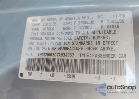2007 Honda Accord 3.0 Lx z USA, uszkodzony, nr VIN 1HGCM66307A034967